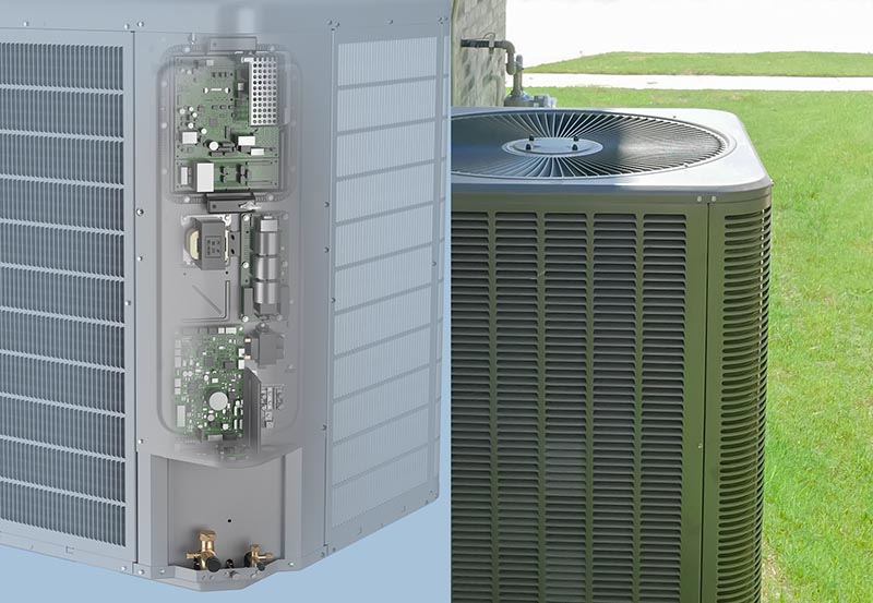 A split-screen presentation of an outdoor HVAC unit.